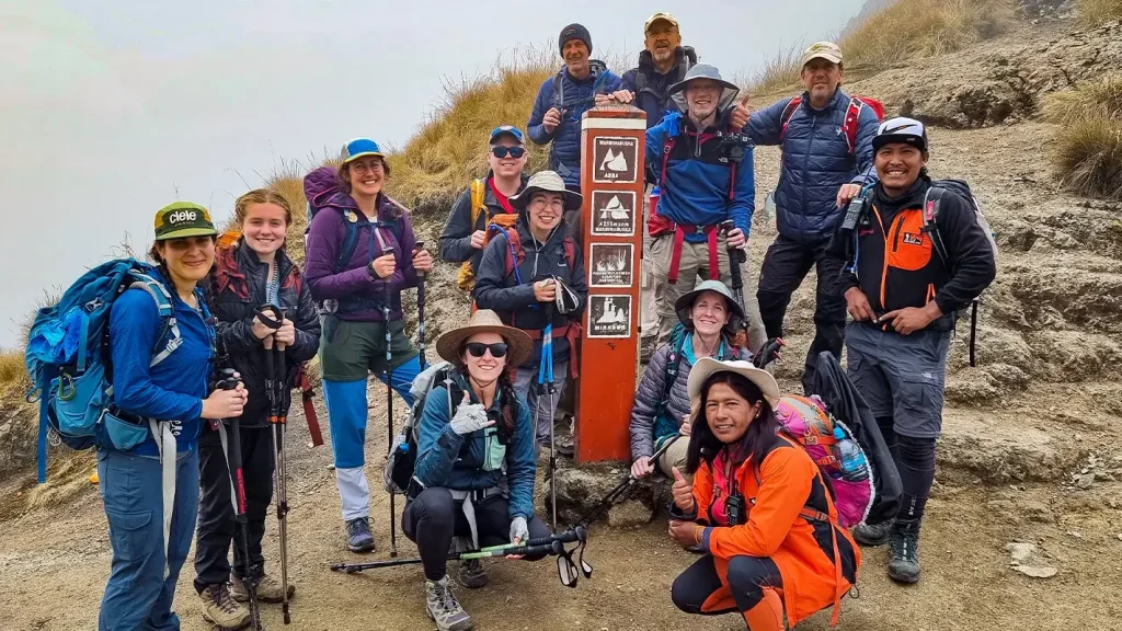 Hikers at Dead Woman's Pass 4215m on the 5 Day Inca Trail to Machu Picchu