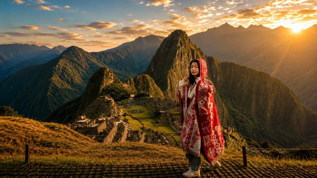 Traveler in traditional Andean poncho at Machu Picchu viewpoint at sunset with Huayna Picchu