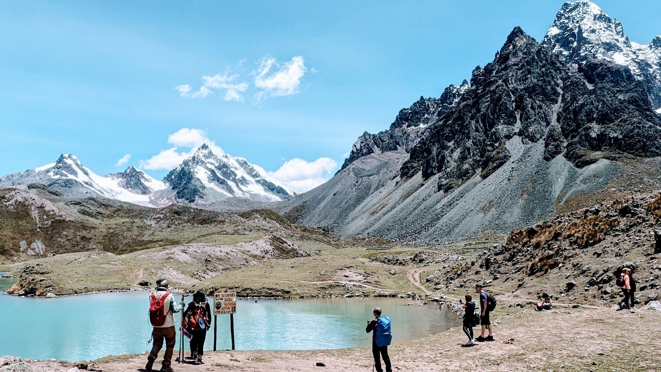Group of hikers with backpacks standing at turquoise Hatun Puka Qocha lake at 4796m on 7 Lakes of Ausangate Circuit with snow capped Ausangate mountains and rocky peaks in background on Singrenacocha and 7 Lakes Trek 2 Days with Sky Dome Experience