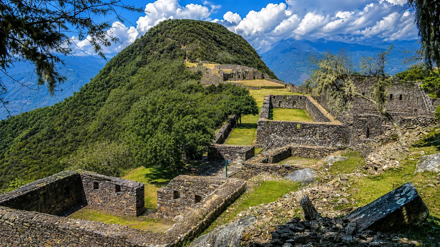 Panoramic view of Choquequirao archaeological site terraces and temples at 3050m - sister city of Machu Picchu