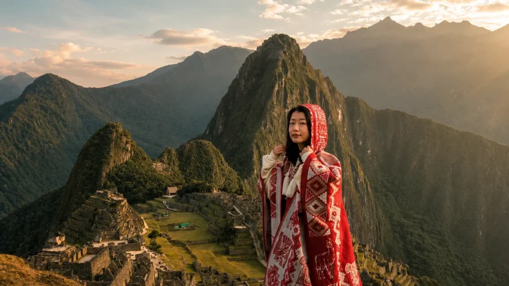 Woman in traditional red Andean poncho at Machu Picchu viewpoint during sunrise on 5 Day City Tour Sacred Valley Machu Picchu tour